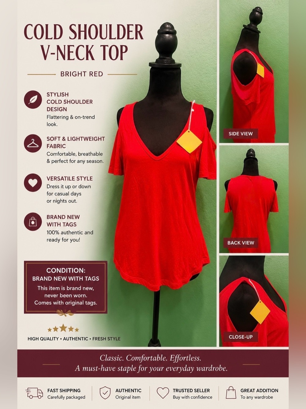 NWT - Bright Red Cold Shoulder V-Neck Top | Flowy Casual Summer Blouse